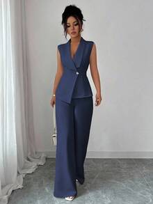 Conjunto de oficina elegante para mujer, compuesto por una chaqueta blazer sin mangas con cuello y bajo asimétrico, con hebilla metálica en la cintura, combinada con pantalones de cintura elástica.Conjunto de 2 piezas elegante para primavera/verano, atuendo formal y de clase para mujer. - Azul marino - Ver 1