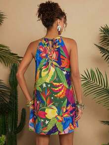 Vestido corto holgado con hombros al descubierto y estampado tejido para mujeres para vacaciones - Azul 2 - Ver 3