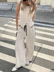 Conjunto de 2 piezas de top tipo camiseta y pantalones de verano casuales con ribete en contraste para mujer - Albaricoque - Ver 5
