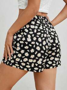 Shorts casuales de pierna ancha con estampado de margaritas para verano - Negro - Ver 2