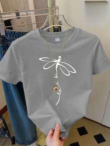 Monochromatic Ode To The Elegance Of Nature, Standard Size, Women's Casual Home T-Shirt, Printed, Round Neck, Sheer Short Sleeve - 白色 - 查看 11