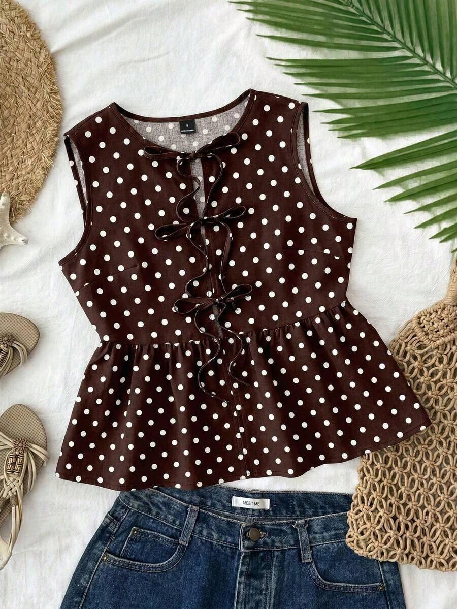 Blusa de tirantes casual con volantes y bordado en el bajo para vacaciones de mujer - Marrón - Ver 1
