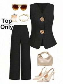 Blusa sin mangas con botones de metal en forma de rosa, estilo francés, para uso casual y de oficina, blusa de verano de alta gama - Negro - Ver 1