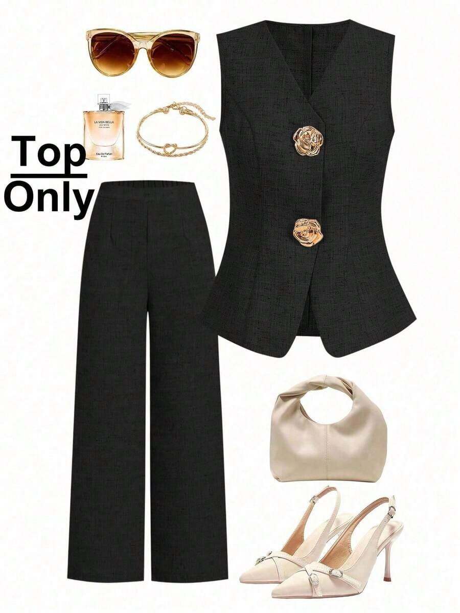 Blusa sin mangas con botones de metal en forma de rosa, estilo francés, para uso casual y de oficina, blusa de verano de alta gama - Negro - Ver 1