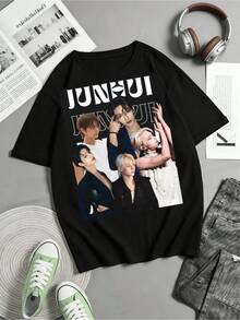 Retro T-Shirt Inspired By SEVENTEENS Junhui, Made Of Cotton, Women's Streetwear, Ideal For Everyday Wear. - 黑色 - 查看 6