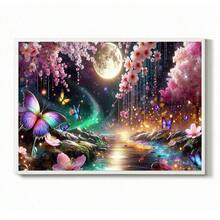 一套DIY钻石画套装 - 梦幻夜景，花朵、蝴蝶和月亮，圆形钻石马赛克艺术品，适合初学者，家居墙面装饰，独特礼物，不含画框 - 無框 - 查看 2