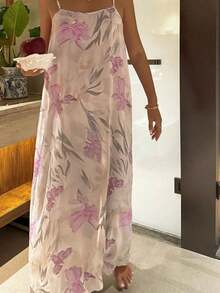 Vestido largo y ligero con estampado floral para mujeres, estilo de pijama para vacaciones, vestido de noche tipo muu muu - Morado 2 - Ver 9