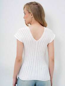 Women's Fashionable Minimalist Versatile V-Neck Ribbed Knit Top, Summer - White - View 2