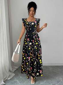Vestido de mujer con cuello cuadrado, cintura ceñida y mangas acampanadas con estampado multicolor. Elegante y sofisticado, adecuado para el Día de San Valentín, Pascua, Día del Trabajo, cumpleaños, citas, fiestas, ocasiones formales, atuendo de maestra, looks de alta vibra, viajes y vacaciones, ropa de calle, primavera y verano - Blanco - Ver 10