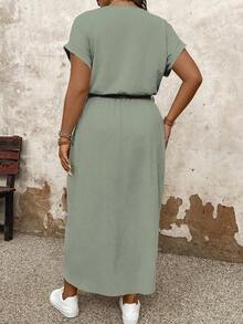 Vestido casual de talla grande para mujer con cuello redondo, manga corta tipo murciélago y bajo asimétrico.Vestido largo de verano para mujer - Verde - Ver 2