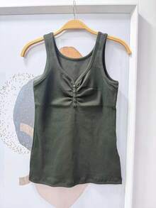 Pure Cotton Tank Top With Ribbed Design In The Middle, Knitted Fabric With Buttons. - Army Green - View 4