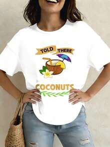 Camiseta genial informal para mujer, con estampado de aceite, agua, crema, árbol, fruta, palma y mantequilla, ligera, de cuello redondo y manga corta, para el verano, ropa de vacaciones de verano, adecuada para festivales y uso diario. - Blanco - Ver 7
