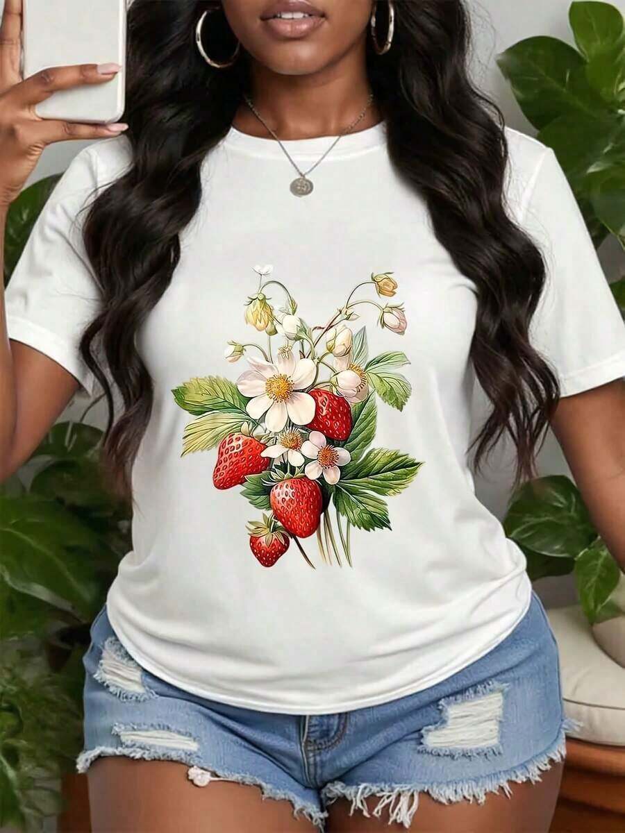 Cool Strawberry Print T-Shirt, Retro Strawberry Graphic T-Shirt, Vintage Fruit Illustration T-Shirt, Gift For Sweet Berry Lovers, Retro Style Clothing, Perfect Gifts For Grandma And Mom. - 白色 - 查看 1