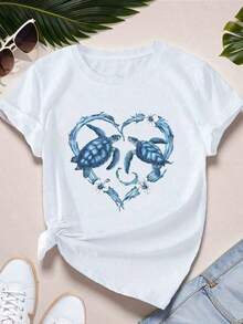 Camiseta deportiva de manga corta para mujeres de talla grande con corazón de tortugas marinas, camisetas gráficas para hombres, ropa de calle, camisa blanca, camisa negra, suelta y cómoda - Blanco - Ver 11