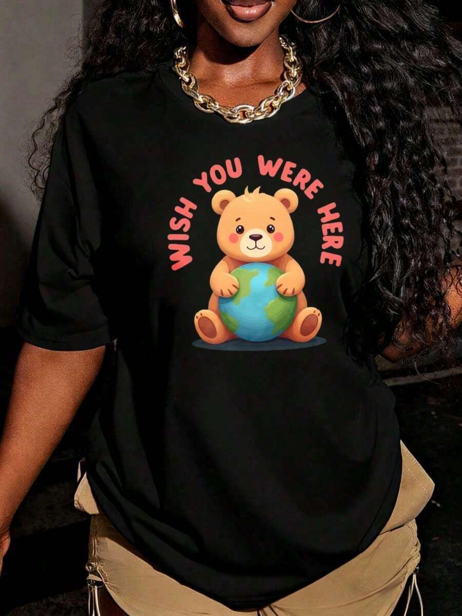 Camisetas gráficas de mujer, camisetas de mujer con estampado "You Were Here Bear Holding Earth%", camisetas de algodón transpirables para verano, playeras de mujer de algodón. - Negro - Ver 1