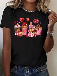 Camiseta de mujer con estampado de cupcakes, corazones, osito de peluche y la palabra LOVE para el Día de San Valentín - Perfecta para ocasiones románticas y uso casual -- Estilo vintage urbano, unisex, de algodón, manga corta, cuello redondo, blusas para mujer. blusas.blusas casuales para dama.Impresión de osos cariñosos.Camiseta estampada Impresión de osos cariñosos. - Negro - Ver 1