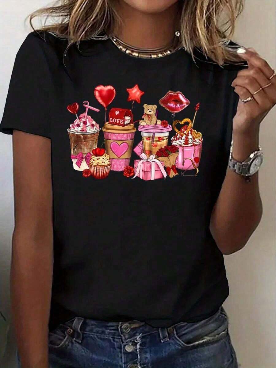Camiseta de mujer con estampado de cupcakes, corazones, osito de peluche y la palabra LOVE para el Día de San Valentín - Perfecta para ocasiones románticas y uso casual -- Estilo vintage urbano, unisex, de algodón, manga corta, cuello redondo, blusas para mujer. blusas.blusas casuales para dama.Impresión de osos cariñosos.Camiseta estampada Impresión de osos cariñosos. - Negro - Ver 1