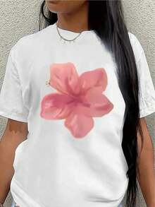 This Lightweight And Durable Short-Sleeved T-Shirt With A Pink Floral Design Is Perfect For Casual Outings Or Relaxing At Home, Offering A Comfortable Everyday Wear Experience. Women's Blouses > Clothing - 白色 - 查看 6