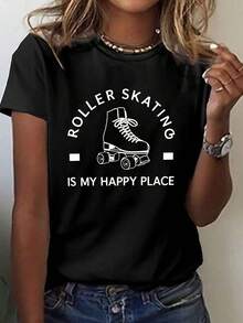 Printed T-Shirt With The Phrase "1 Piece Of Roller Skating Is My Happy Place", Casual Short-Sleeved Top With Round Neck, Suitable For Summer And Spring, Women's Clothing, 180g, 100% Cotton. - 黑色 - 查看 5