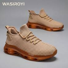 WASIROYI 1 Pair Men's Breathable Knit Sneakers - Casual Lace-Up Trainers With Air Cushion, Non-Slip PVC Outsole, Fabric Upper, Lining And Insole, Synthetic Sole, Solid Color, Suitable For All Seasons - Khaki - View 4