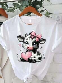 Camiseta de Mujer con Estampado de Vaca, Moda Casual para Mujeres, Cómoda, Suave, Fitness Deportivo, Uso Diario al Aire Libre, Algodón Puro, Camiseta de Manga Corta con Cuello Redondo Transpirable100% Cotton - Blanco - Ver 2