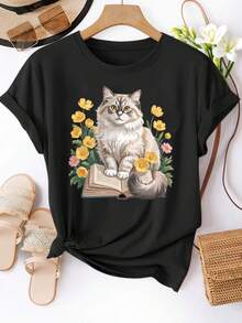 Una camiseta de mujer de manga corta, holgada, moderna, retro y elegante, adecuada para actividades al aire libre en primavera y verano.Camiseta casual de manga corta para mujer - presenta estampados de gatos, libros, flores, jardines y arte, hecha de tela suave y elástica, lavable a máquina para comodidad en todas las estaciones, perfecta para el uso diario.blusas para mujer,blusas casuales para dama,tops,, mujer premium,y2k,playeras de mujer curvy,ofertas y liquidaciones ropa mujer,playeras deportivas para mujer,,playeras de hombre, mujer,blusas>elegante 6HEH - Negro - Ver 1