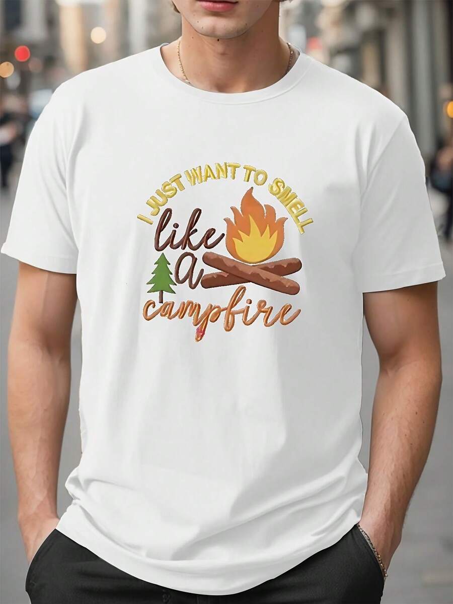 Camiseta de Cuello Redondo para Hombre y Mujer, Tallas Grandes, Estampado de Fuego de Campamento, Manga Corta, Ropa Deportiva de Verano para Hombre - Blanco - Ver 1