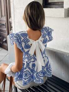 Blusa casual con mangas cortas y bordado para mujer de vacaciones - Azul y blanco - Ver 9