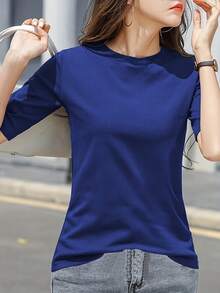 Camiseta de mujer elegante de un color - Rosa suave con cuello redondo y manga corta, perfecta para de verano, camiseta de diario| Top versátil| Ajuste cómodo - Negro - Ver 9