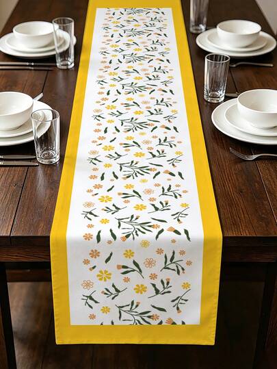 1pc Sunny Spring Floral Table Runner, Minimalist Small Yellow Flower & Green Leaf Print, Yellow, For Party Decor, Table Flags, Dining Table, Kitchen Decor, Summer Party, Cabinet Decor, Furniture Accessories