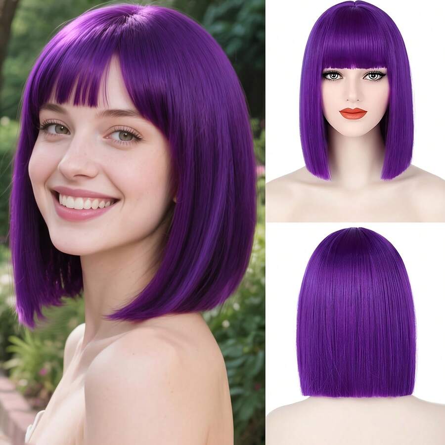 A Stylish Women's Purple Wig, Made Of High-Temperature Synthetic Straight Hair With Bangs. Wig Features A Smooth And Sleek Short Hair Style, Versatile And Fashionable, Suitable Various Shapes. It Is A Multi-Functional Wig Music Festivals, Carnivals, And Cosplay Parties - Màu tím - Xem 1