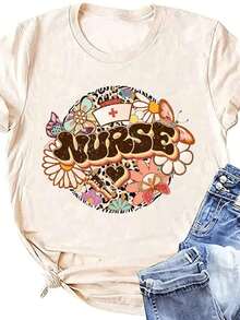 Women's Retro Casual Nurse T-Shirt With Leopard Print, Bohemian Style Floral T-Shirt, Short Sleeve Top,  And Cool T-Shirt - 杏色 - 查看 1