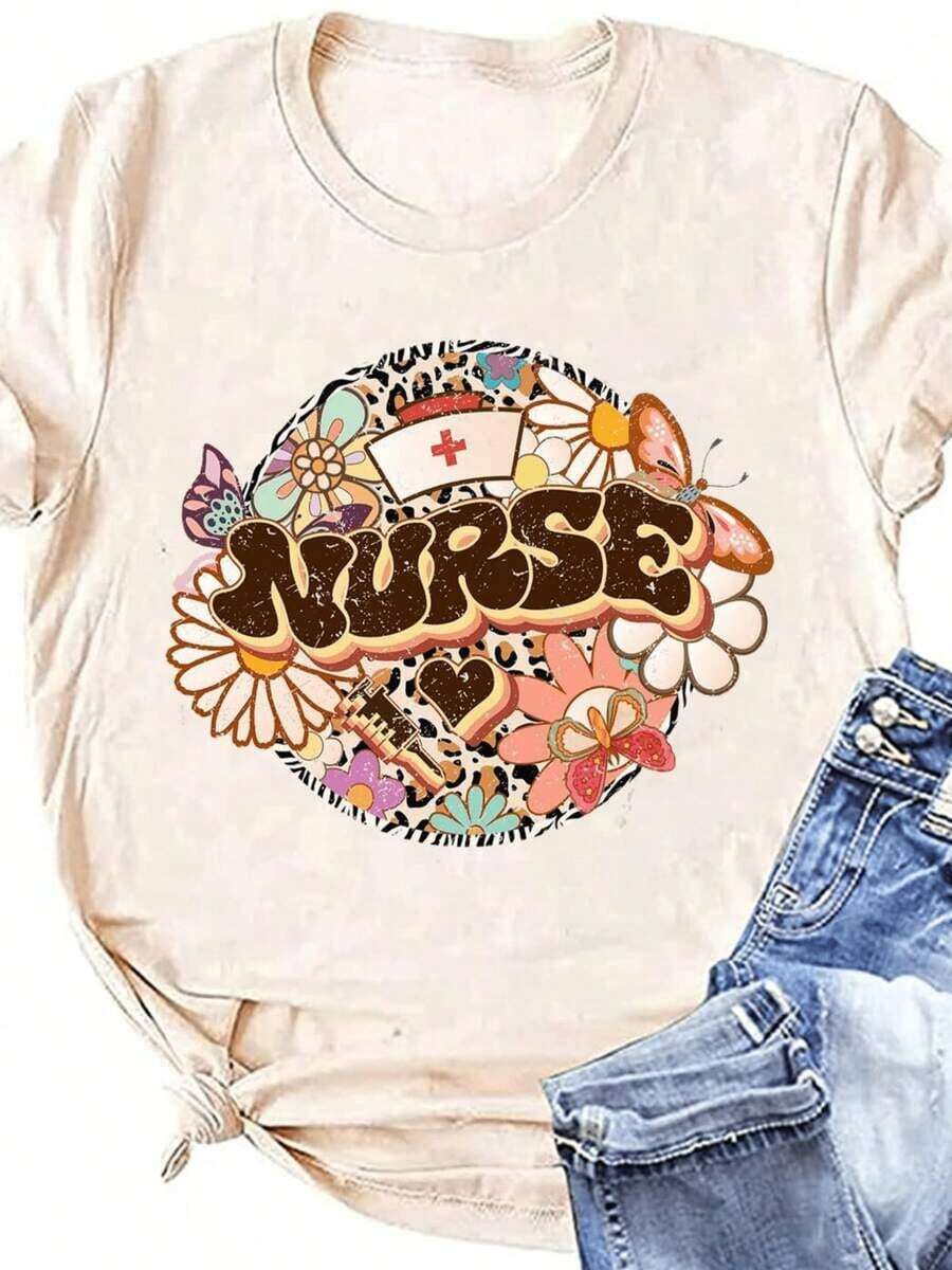 Women's Retro Casual Nurse T-Shirt With Leopard Print, Bohemian Style Floral T-Shirt, Short Sleeve Top, And Cool T-Shirt - 杏色 - 查看 1