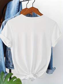 Women's Crew Neck Short Sleeve T-Shirt, 100% Cotton, Light Pink And Grey-Blue Bow Art Print, Regular Fit, Lace-Up Sleeves, Soft Fabric, Multi-Season 1 Piece - 白色 - 查看 2