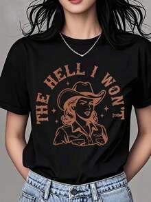 Women's Clothing Women's Crew Neck T-Shirt With Cowgirl Print With Hat And The Phrase "I Won't Text", Short Sleeve, Casual Wear For Daily Outings And Western Style Events, Women's Shirts - 黑色 - 查看 6