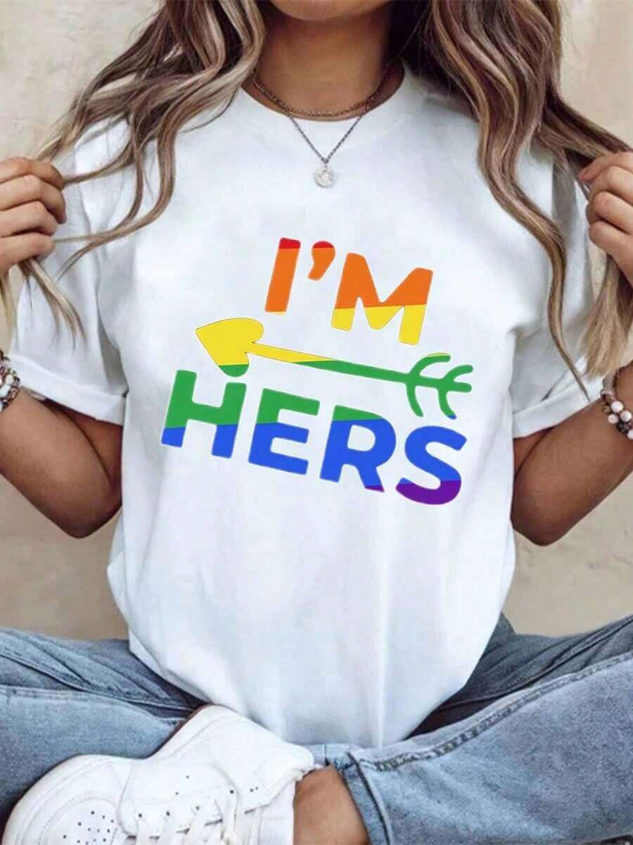 Women's Cotton T-Shirts I M Hers Rainbow Pride T-Shirt For LGBTQ Plus Couple Matching Outfit Pride Month Festival Party Wear, Basic Women's Blouses - 白色 - 查看 1