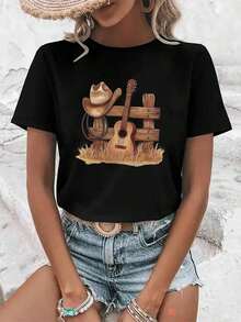 Women's Cotton T-Shirts. Casual Short-Sleeved T-Shirt For Women - Printed Design, Loose Round Neck, Breathable Medium-Stretch Fabric, Machine Washable, Versatile Garment For All Seasons, Suitable For Everyday Wear, Fun Prints, Comfortable Material, Modern Style. Basic Women's Blouses - 黑色 - 查看 7