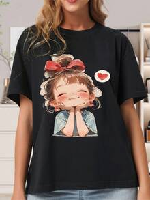 Simple And Versatile Design, Unisex T-Shirt With Cute Print, Short Sleeve, Round Neck, Casual Loose Fit, Fashionable Unisex Top, Comfortable, Breathable, Basic T-Shirt For Everyday Summer Wear, Urban Clothing, Cotton T-Shirt For Women. - 黑色 - 查看 1