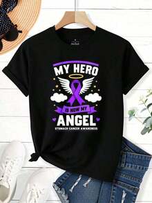 Women's "My Is Now My Angel" T-Shirt With Stomach Cancer Awareness Ribbon, Cancer Awareness Support T-Shirt For Women And Men, Men's T-Shirts, Men's Western Wear, Men's Shirts, Graphic T-Shirts, Women's Graphic Wear, Summer Tops, Summer Clothes. - 黑色 - 查看 3