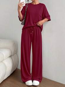 PRETTYGARDEN Women's Summer Clothes 2 Piece Sets Lounge For Short Sleeve Matching Airport Travel Outfits Casual Wine Red Vacation Summer Brunch Wine Red Outfits For Women Mothers Day Outfit - 酒紅色 - 查看 4