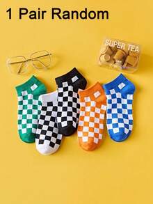1 par/5 pares/10 pares de nuevos calcetines de tobillo con patrón de tablero de ajedrez de colores, calcetines invisibles juveniles y enérgicos - Multicolor - Ver 10