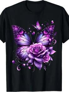 One Piece Of  Casual T-Shirt For Men And Women, Plus Size, New, With A Round Neck And Short Sleeves. Features A Beautiful Purple Butterfly And Polka Dot Pattern. Machine-Made, Breathable, Loose Fit, 100% Sewn, Suitable For All Seasons. Versatile, Easy To Match, For Everyday Wear, Street Style, Vacation, Or Weekend Wear. - 黑色 - 查看 7