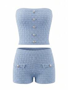 Women Button Design Cropped Tube Top And Knit Shorts Set Summer - Blue - View 9