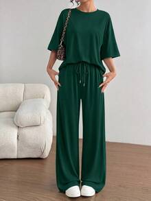 PRETTYGARDEN Women's Summer Clothes 2 Piece Sets Lounge For Short Sleeve Matching Airport Travel Outfits Casual Dark Green Vacation Summer Brunch Outfits For Women Mothers Day Outfit - 墨綠色 - 查看 1