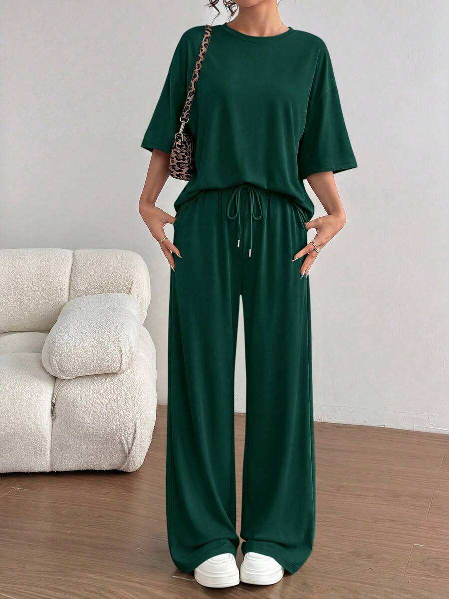 PRETTYGARDEN Women's Summer Clothes 2 Piece Sets Lounge For Short Sleeve Matching Airport Travel Outfits Casual Dark Green Vacation Summer Brunch Outfits For Women Mothers Day Outfit - 墨綠色 - 查看 1
