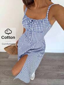 Vestido a media pantorrilla con tirantes a cuadros para mujeres, de moda y apropiado para el verano - Azul y blanco - Ver 3