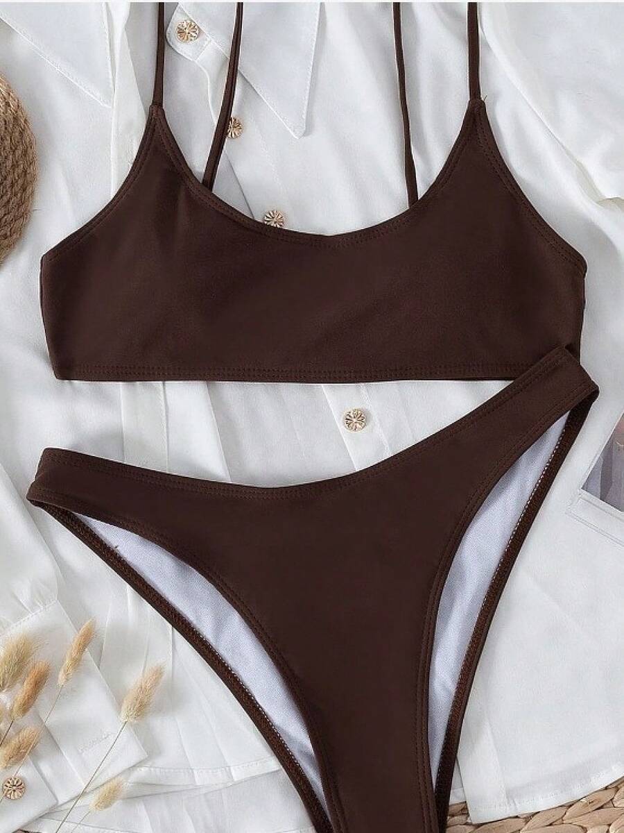 New Women's Sexy Solid Color Bikini Swimsuit - 咖色 - 查看 1