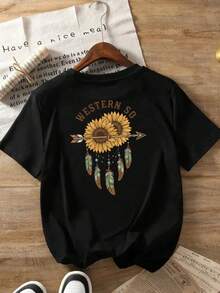 New 2026 Collection: Women's Cotton T-Shirt, With Front And Back Print Of Sunflowers And Feathers, Round Neck, Casual And Modern Short Sleeve Style, Suitable For Fitness In All Seasons And Daily Use, Fun T-Shirt With Printed Design. - Black - View 3