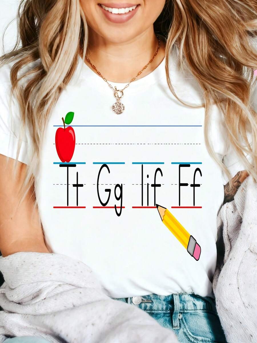 Teacher Appreciation Graphic T-Shirt Thank You Teacher Best Teacher Educator Gift Heartfelt 100% Cotton Oversized Soft Breathable Casual Crewneck Short Sleeve Top Teachers Educators School Staff Gift Givers - 白色 - 查看 1