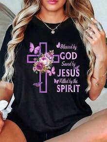 Under The Radar Casual T-Shirt 100% Cotton, Christian T-Shirt With Purple Floral Design, "Saved By God, Saved By Jesus", Gift For Mother - Vintage Street Style Unisex Loose Cotton Short Sleeve Crew Neck T-Shirt - 黑色 - 查看 7